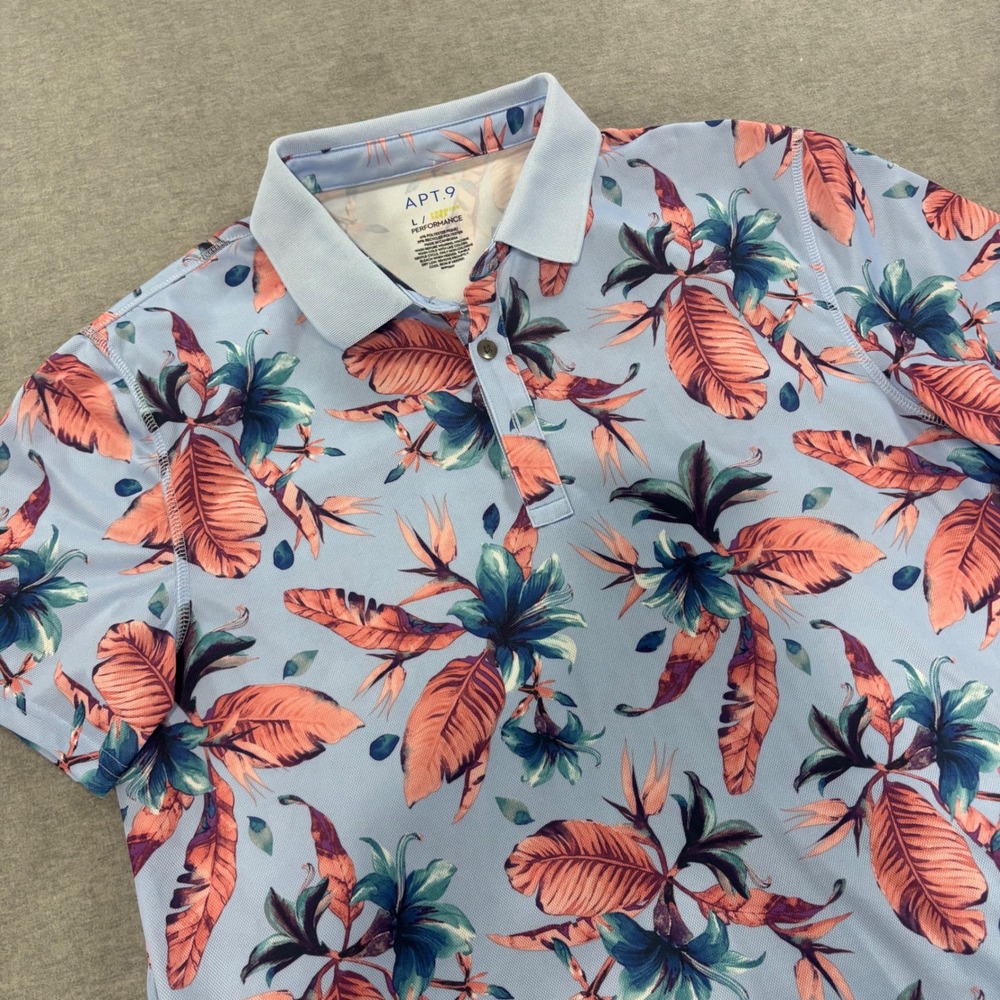 Apt 9 Premier Flex Performance Polo Shirt Mens Large Blue Tropical Floral Pique
